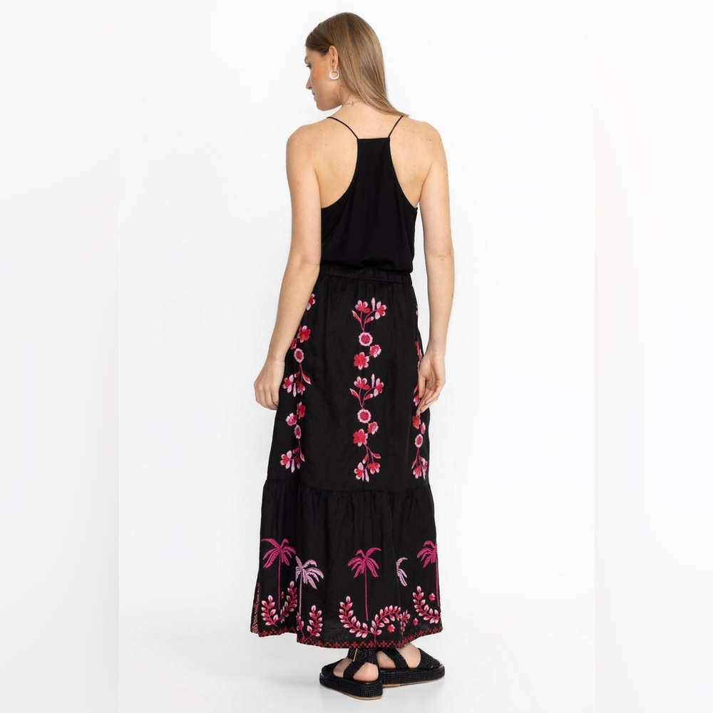 New Johnny Was Tiered Linen Maxi Skirt Palm Tree Floral Embroidered - Picture 2 of 6
